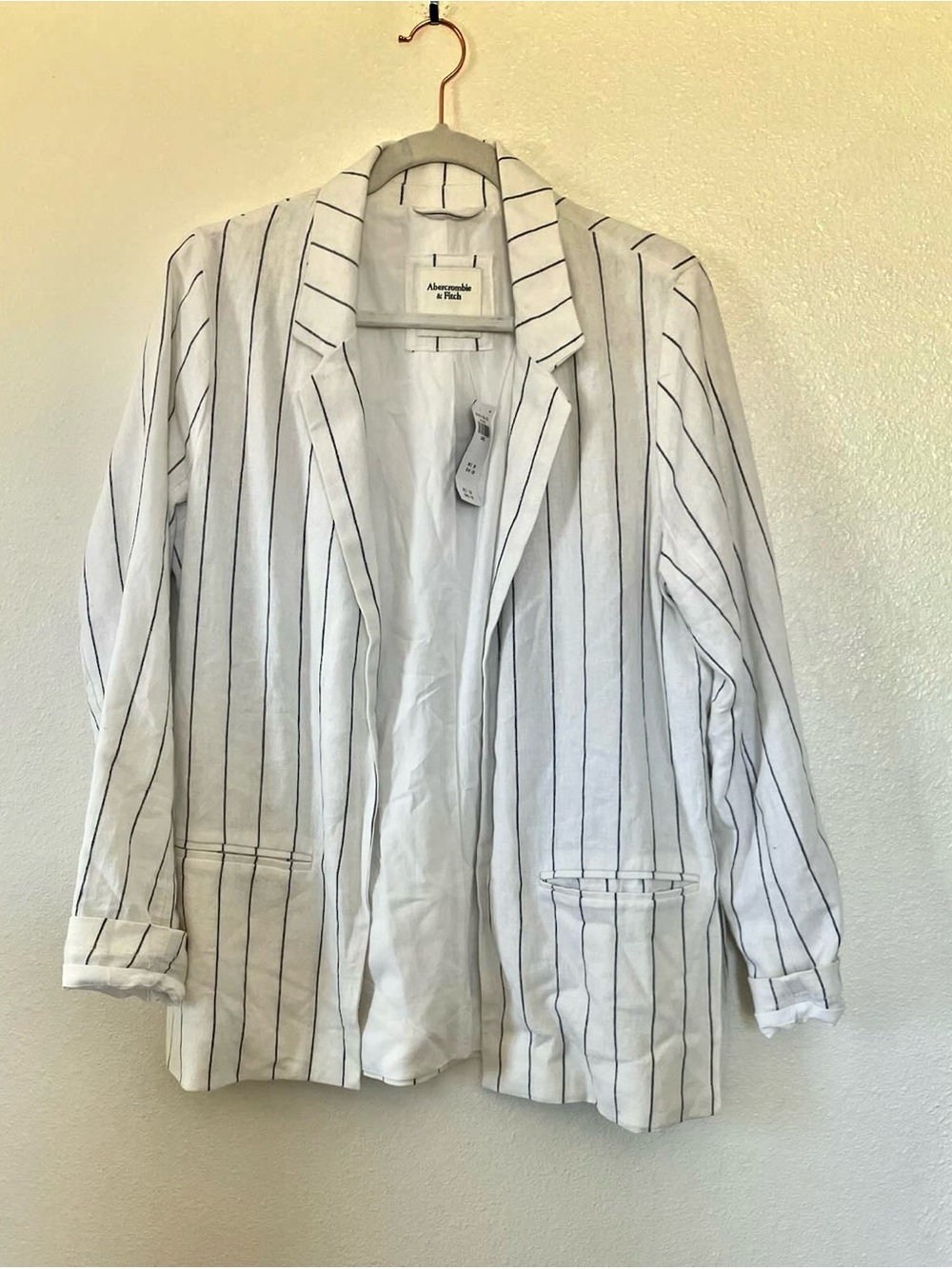 Abercrombie & Fitch Striped Linen Blend Blazer White Relaxed Oversize L NEW $120 - Picture 2 of 6